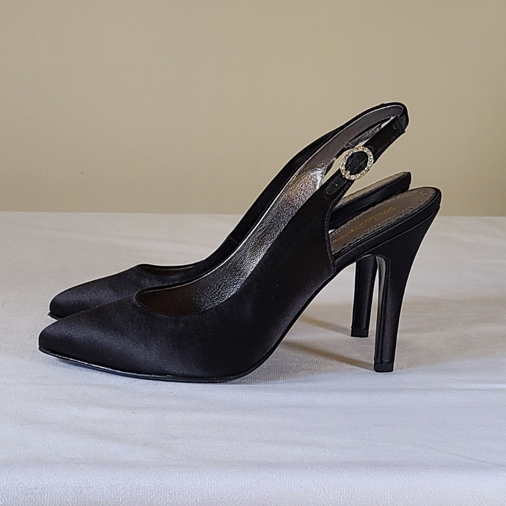 Brooks Brothers Black Satin Slingback Heels Rhinestone Buckle Point Toe Pumps 9